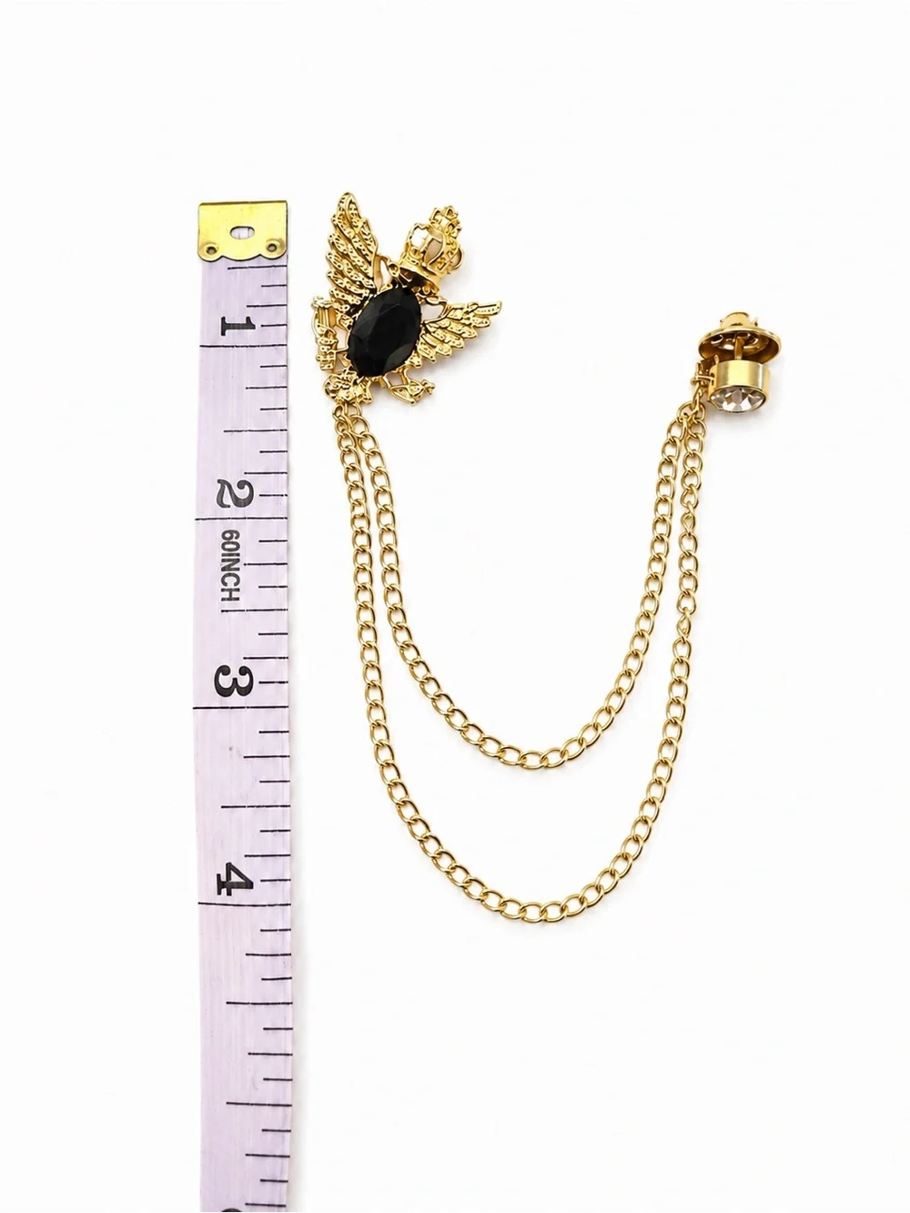 New Gold Tone Crown Eagle Double Chain Lapel Pin Brooch Black Cabochon